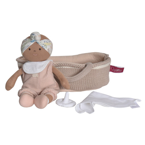 Tikiri Toys Knitted Carry Cot with Rheya Baby Dark Skin, Soother & Blanket