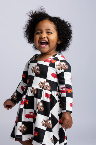 Long Sleeve Let's Dance Dress_Disney Pixar Cars on Charcoal Checkerboard