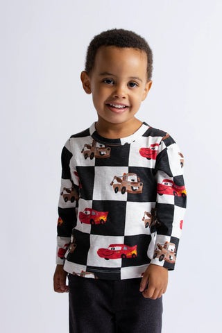 Long Sleeve Crewneck Tee_Disney Pixar Cars on Charcoal Checkerboard