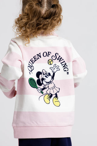 Chenille Embroidery French Terry Quarter Zip Sweatshirt_Disney Minnie Mouse Pink Stripe