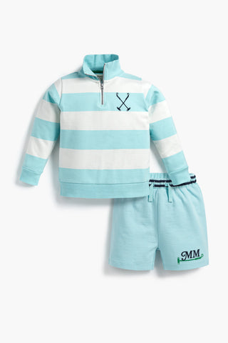 Chenille Embroidery French Terry Quarter Zip Sweatshirt + Sporty Sweatshort Outfit_Disney Mickey Mouse Blue Stripe