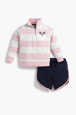 Chenille Embroidery French Terry Quarter Zip Sweatshirt + Dolphin Short Outfit_Disney Minnie Mouse Pink Stripe