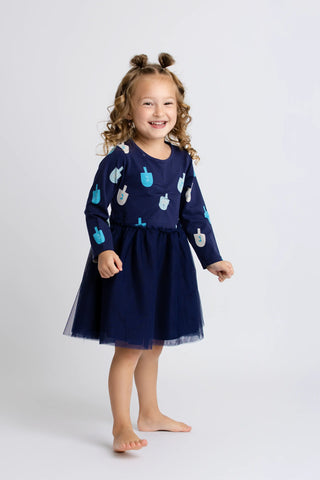 Long Sleeve Tulle Dress_Hanukkah Dreidels