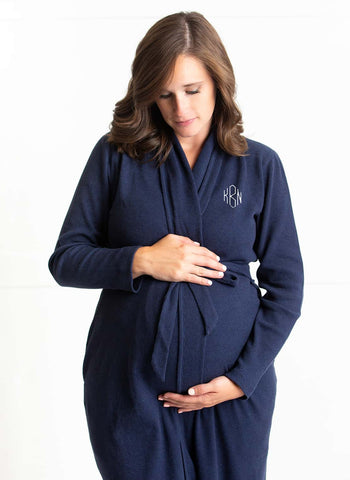 Pregnant women wearing monogrammed Organic Lounge Robe